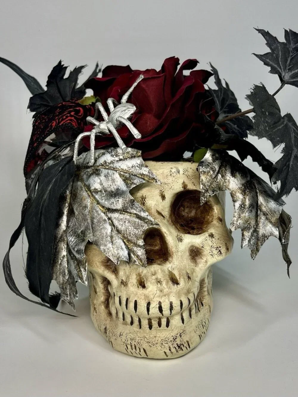 Gothic Skull Faux Floral Arrangement Centerpiece Spider Flowers Black Leaves